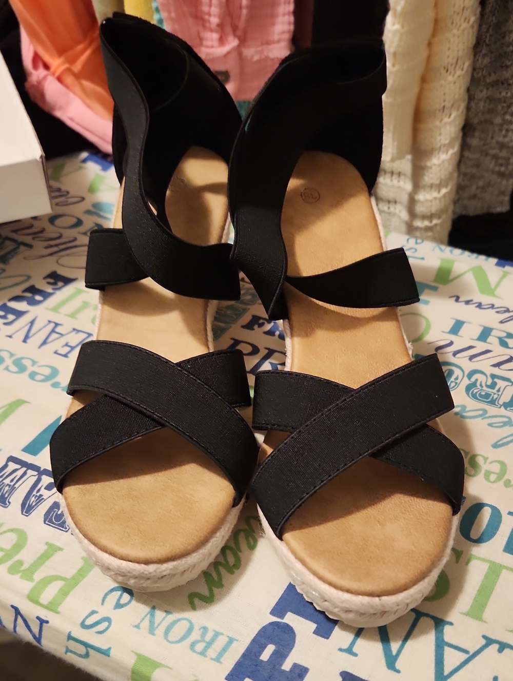 Women's Black Espadrille Wedge Sandals with Crisscross Straps